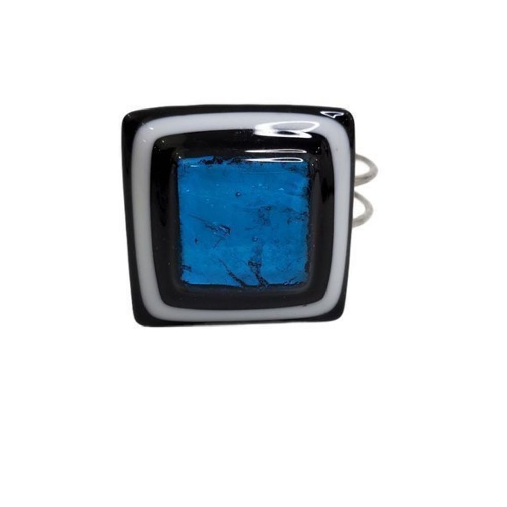 Glass Cuff Bracelet Blue‎ Black Square Silver Tone